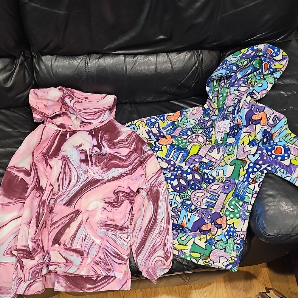 Justice Pink/Maroon Swirl Semi Cropped Hoodie & Peace Print Fleece SIZE 7/8